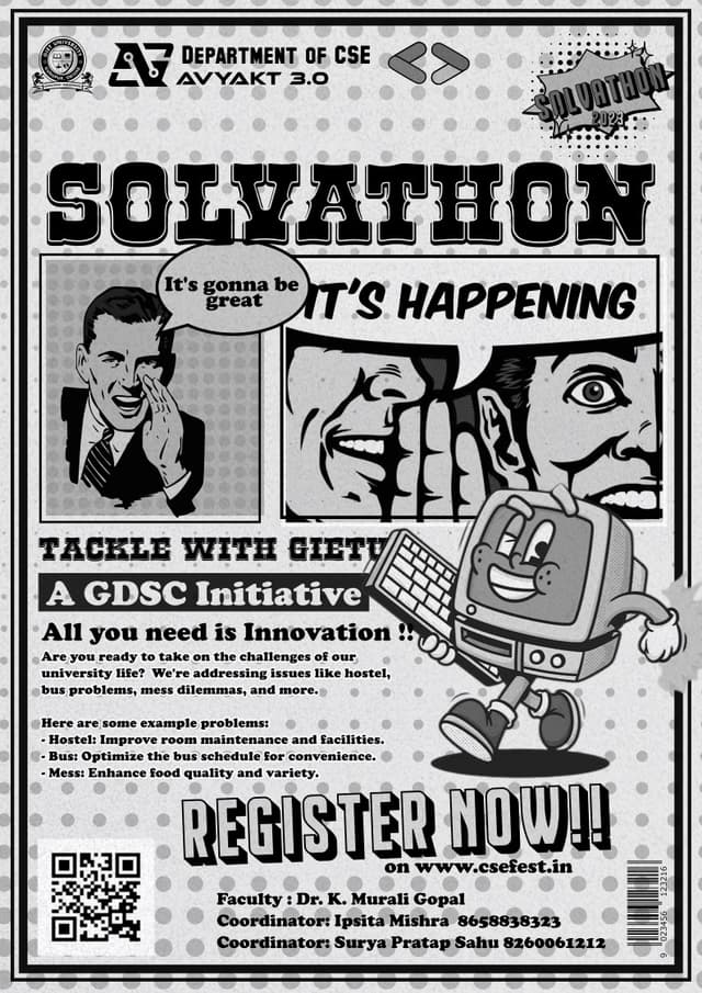 GDSC Solavthon 1.0 Illustrated Poster ✨ BW for printing